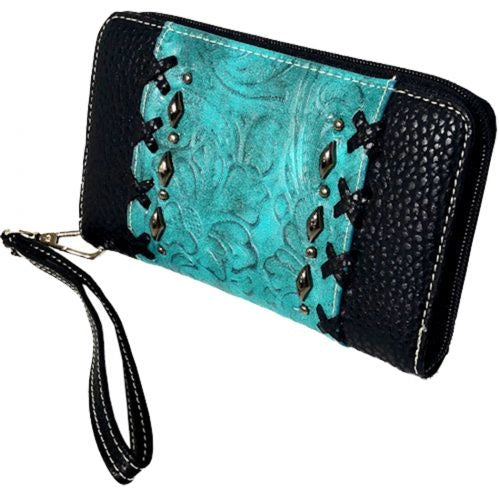 Black Leather and Turquoise Embossed Turquoise Overlay Zipper Wallet