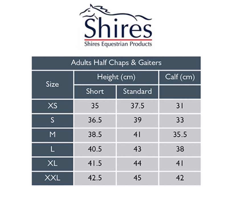 Shires Half Chap Size Chart